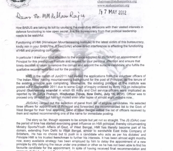 DO Letter-Aridaman Jit Singh to Minister of State for Defence-Govt of India and his response to Team Nishan-05 July 2012-Corruption in Army