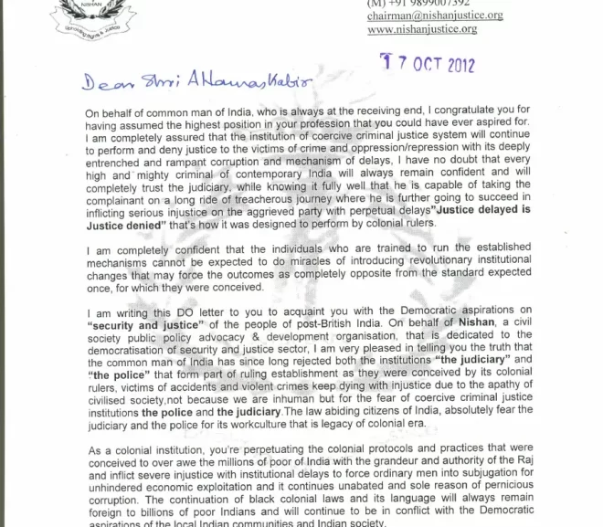 Letter From Aridaman Jit Singh,Chairman, The Nishan to Chief Justice of India-17 Oct 2012